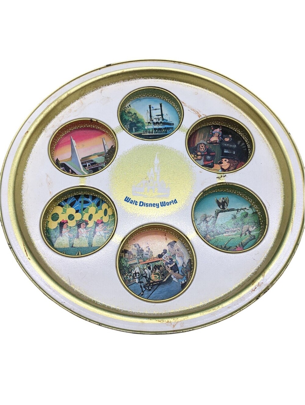 Vintage Disney Walt Disney World Souvenir Attractions Tray Metal Round Japan